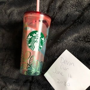 Coral floral swirl Starbucks glass tumbler
